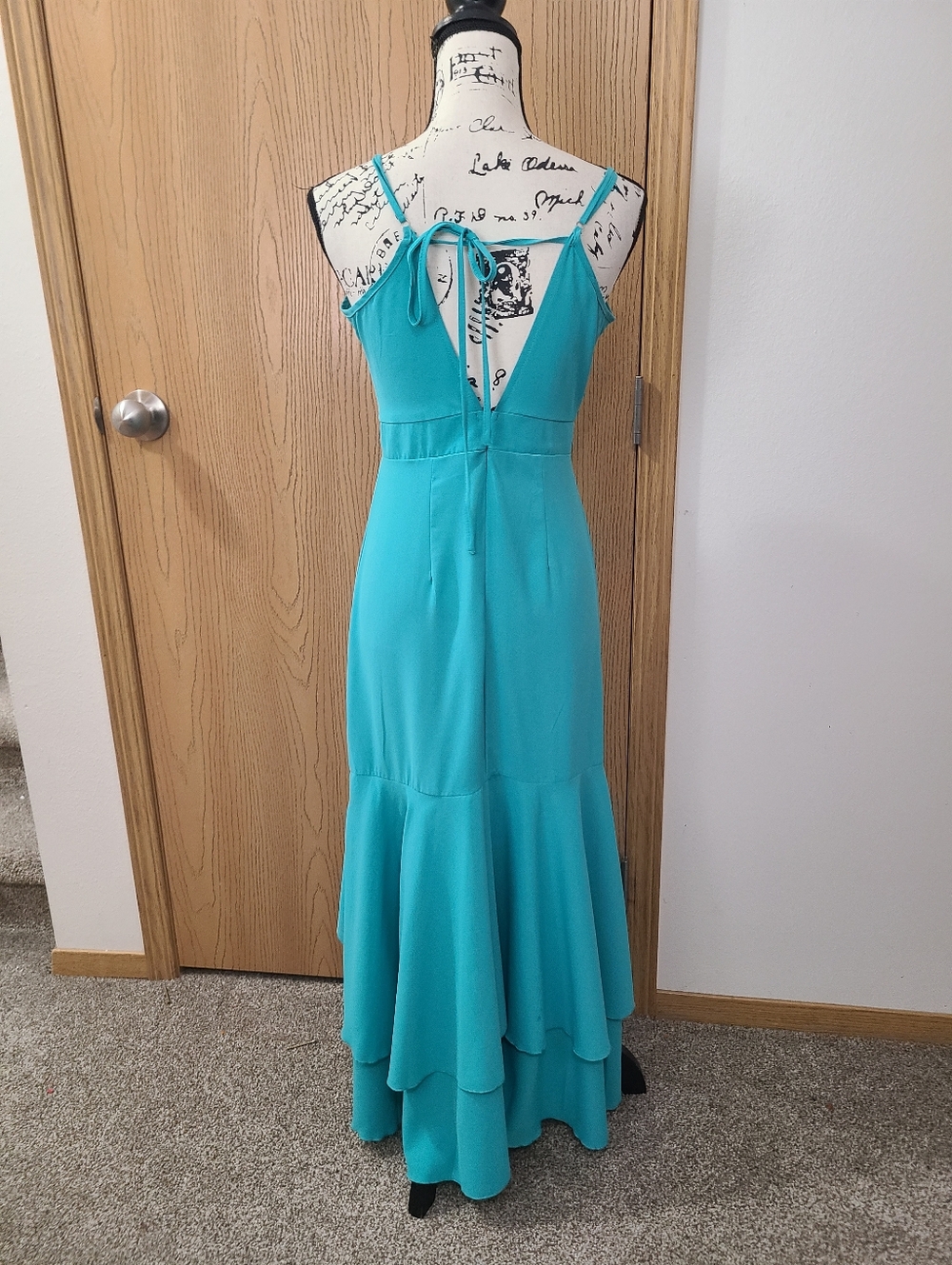Turquoise High Low Ruffle Spaghetti Strap Open Back Wedding Guest Maxi Sun Dress - Picture 3 of 4